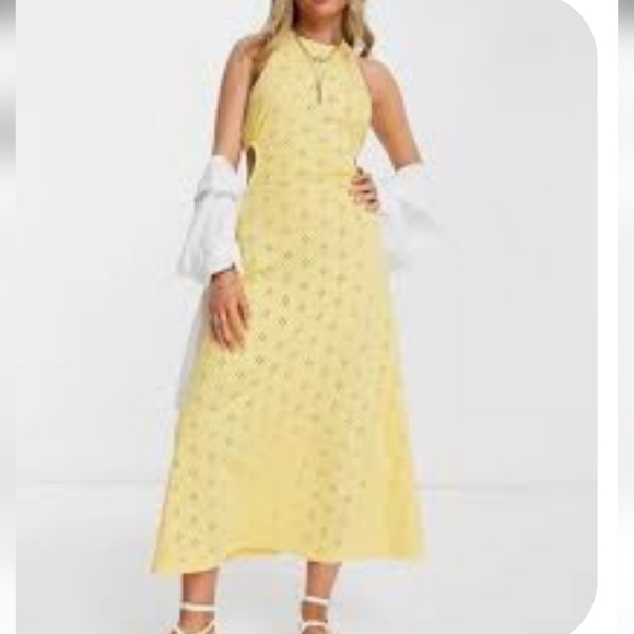 ASOS Dresses & Skirts - ASOS Design 4D Eyelet Halter Midi Dress Sunny Yellow Backless Cross Straps Sz 10